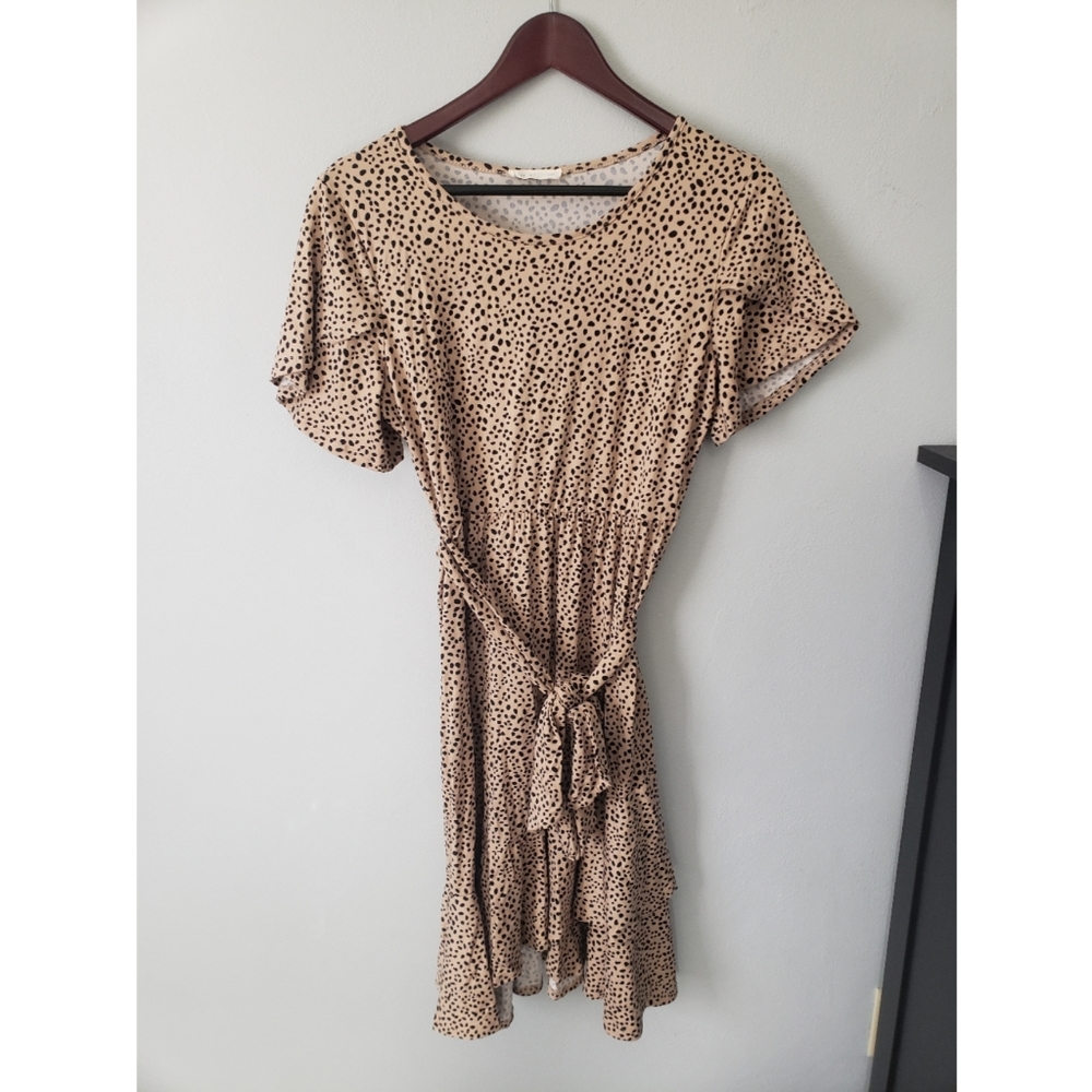 Reb in J 220 animal print empire waist sash tie at waist ruffle accents Dress